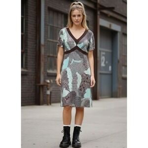 Elementz Womens V-Neck Geometric Print Empire Waist Dress Brown Teal Large Y2K
